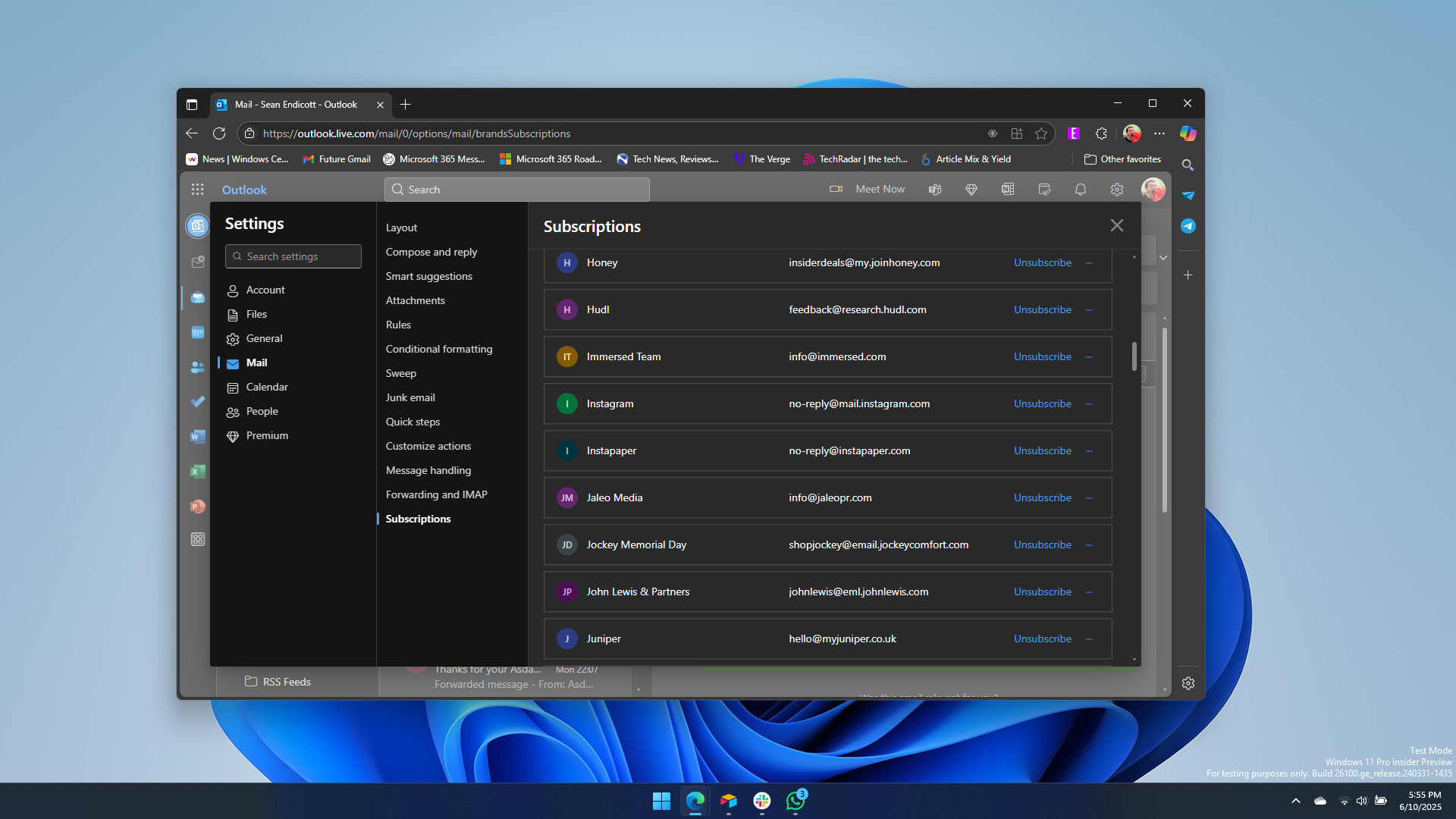 Subscription management in Microsoft Outlook