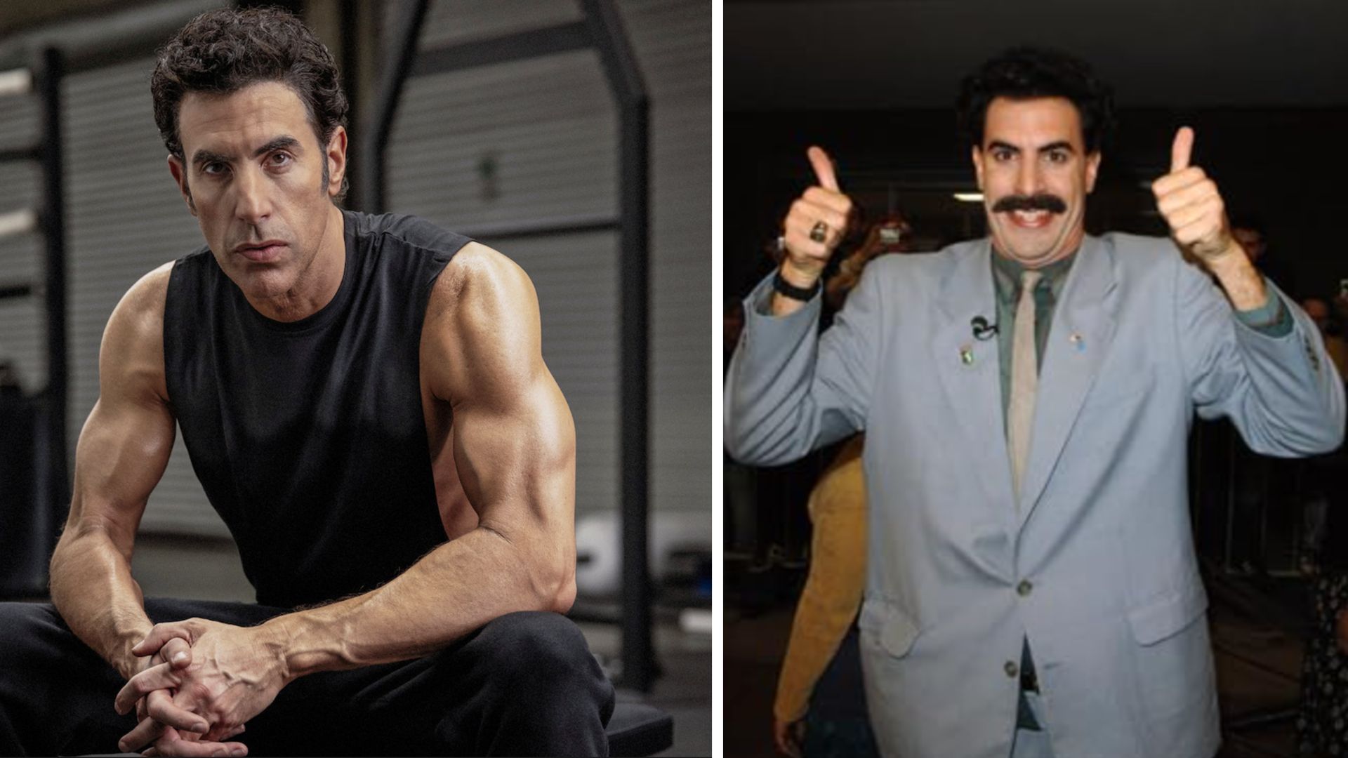 an image of sacha baron cohen for men's fitness on the left after quite intense training, and an image of him playing borat on the right