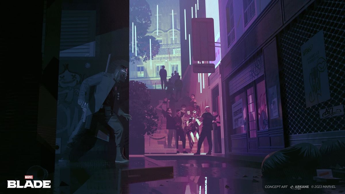 Blade hides, crouched in an alleyway, while vampires stand off in the distance