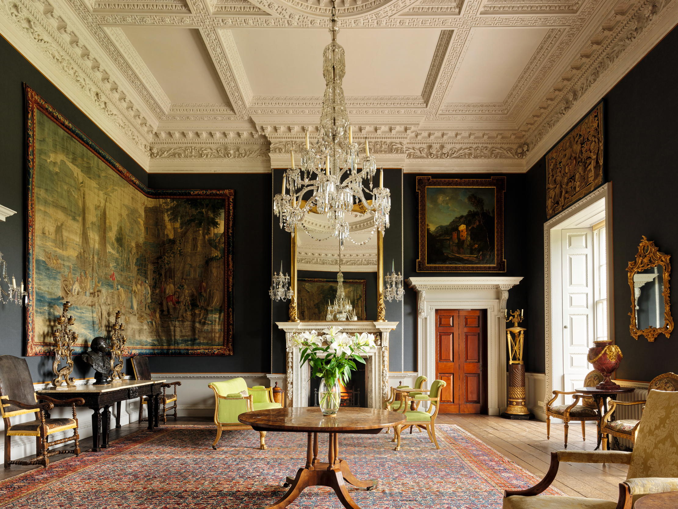 Fig 1: The tapestry-hung saloon. It links to the Marble Hall across the main stair. Wolterton Hall, Norfolk.