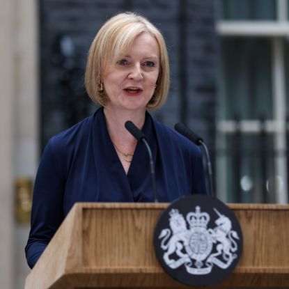 Liz Truss, UK prime minister, delivers her first speech as premier outside 10 Downing Street in London, UK, on Tuesday, Sept. 6, 2022.
