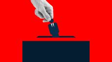 Illustration featuring a human hand placing an icon of man wearing suit into the ballot box