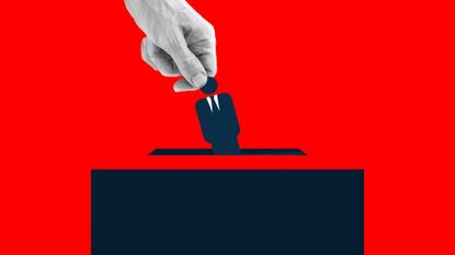 Illustration featuring a human hand placing an icon of man wearing suit into the ballot box