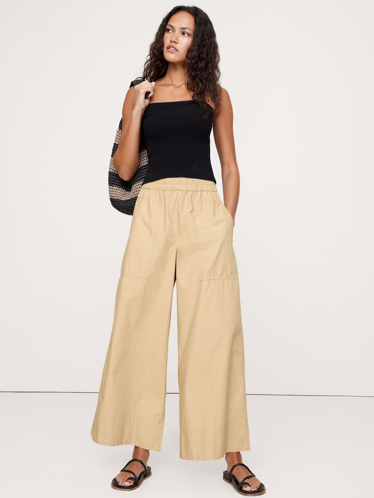 Banana Republic, Wide-Leg Cotton Poplin Pull-On Ankle Pant