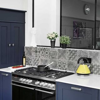 kitchen with white wall and Navy blue cabinets