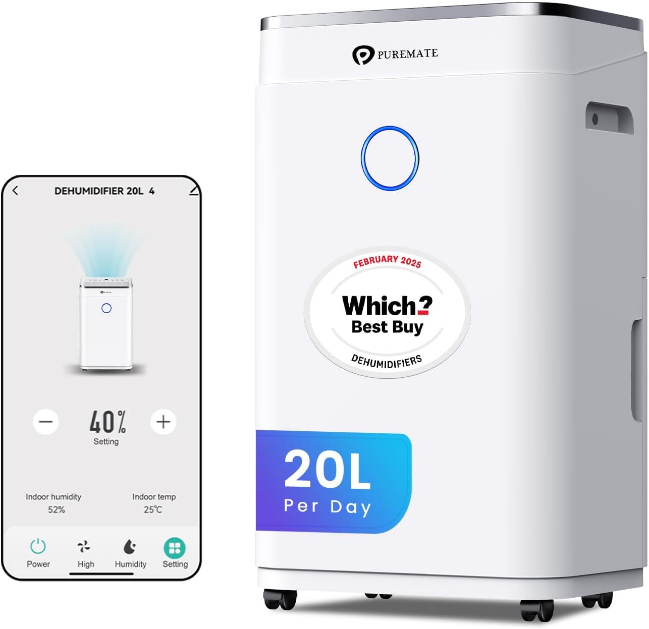 Puremate 20l Smart Wifi&amp;#8203; Dehumidifier &amp;#8203;for Home, Large 6.5l Tank or Continuous Drainage, Sleep Mode,&amp;#8203; Adjustable&amp;#8203; Humidity Sensor&amp;#8203;, Laundry Drying&amp;#8203;, 24h Timer&amp;#8203;, Ideal for Damp&amp;#8203; &amp;amp; Condensation