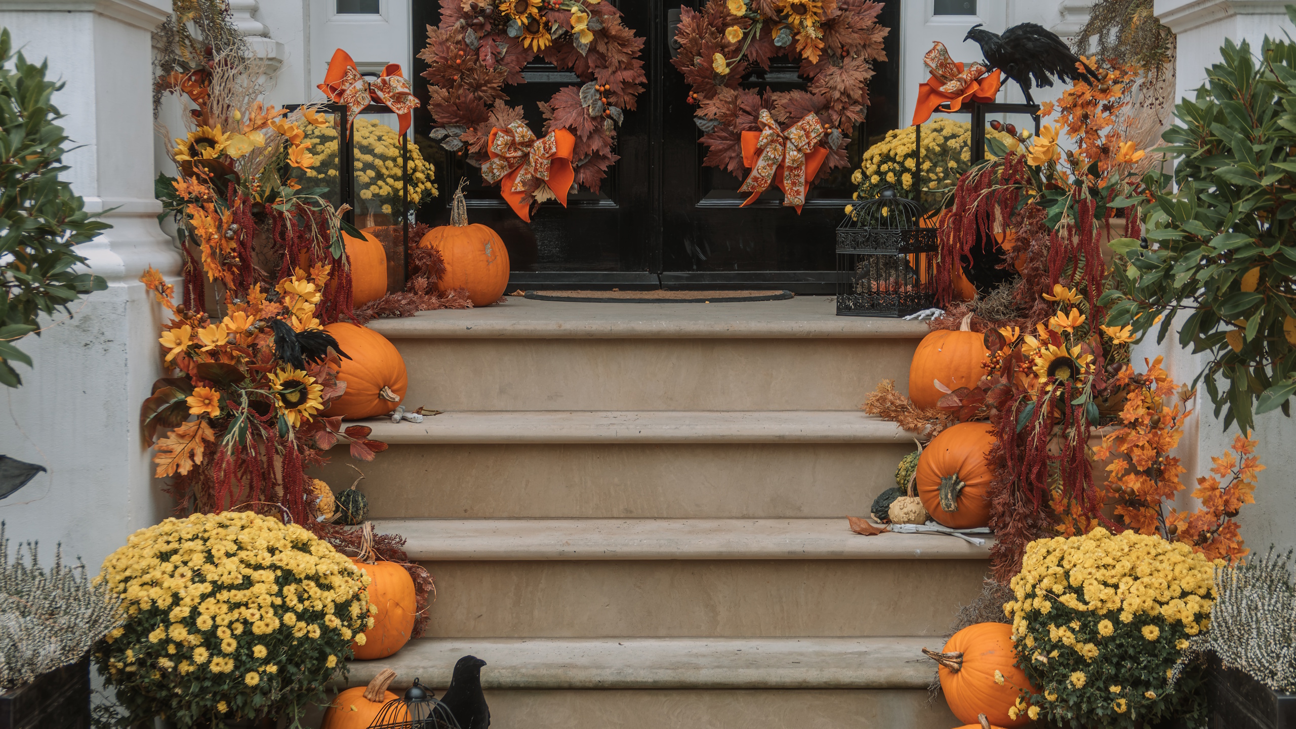 Fall porch display with mums and pumpkins
