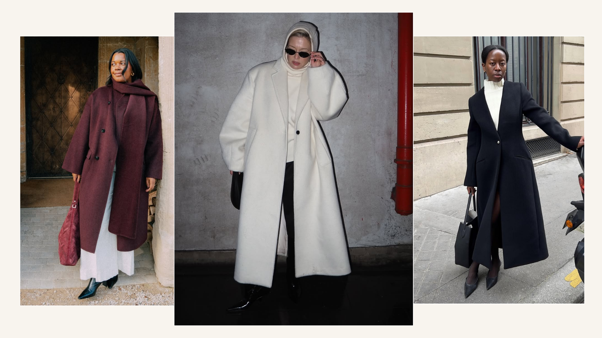 Three different winter coat outfits