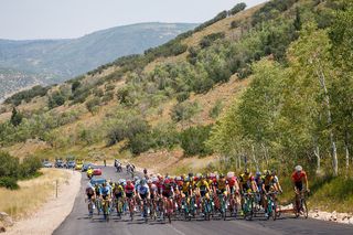 The main field starts the Wolf Creek climb on stage 6 of the 2018 Tour of Utah