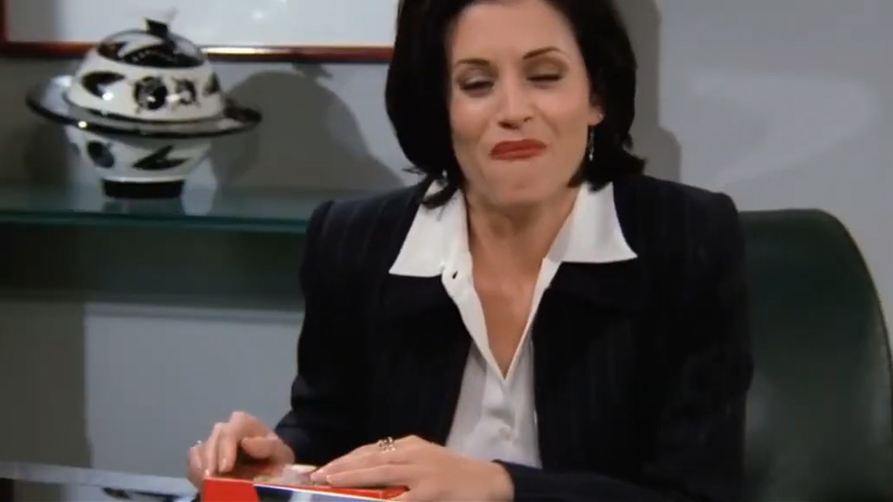 Courteney Cox making a weird face after eating Mockolate on Friends
