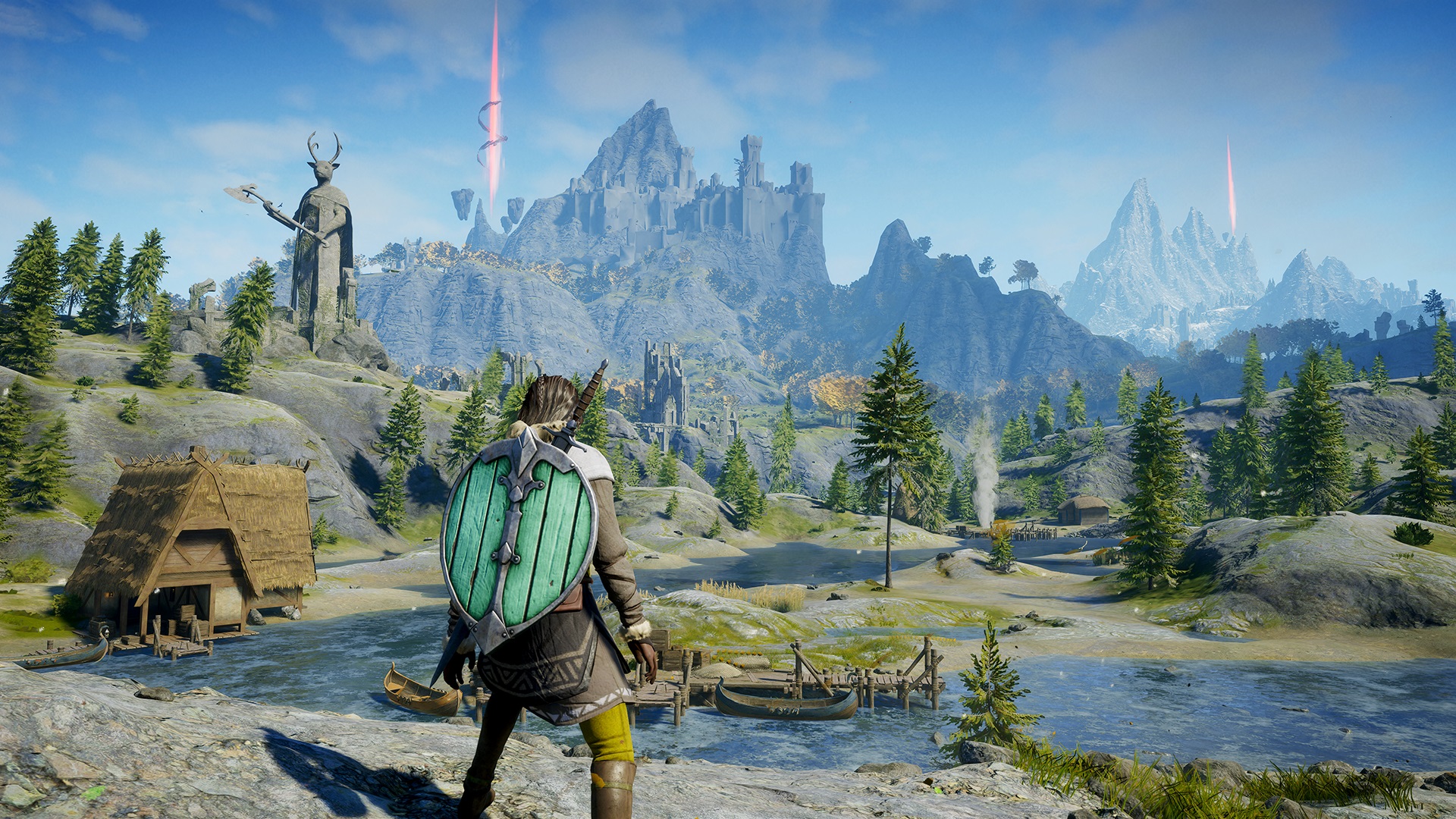 Ravenbound - A player wearing a sword and greenshield on their back looks out over a medieval Scandinavian-inspired landscape of trees and rivers with a boat dock and stone statue nearby.