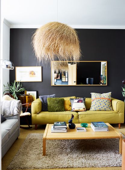 Dark grey living room with yellow sofa