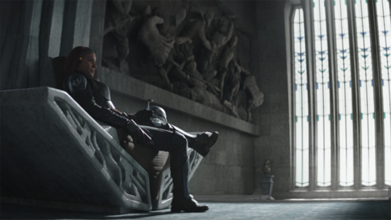 Bo-Katan Kryze sitting on a throne in The Mandalorian season 3 episode 1.