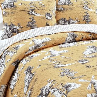 King 3pc French Country Toile Cotton Reversible Quilt Set Yellow/white - Lush Décor