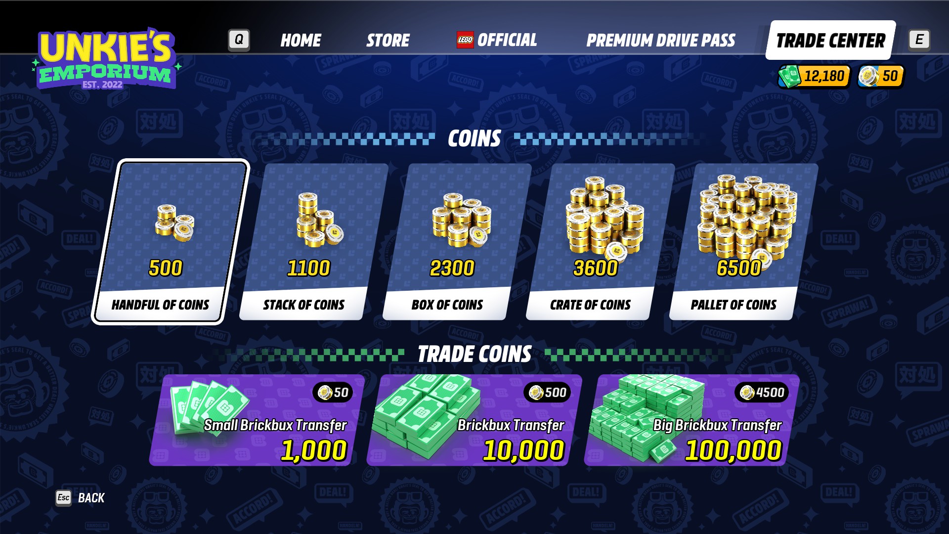Satılık farklı madeni para destelerini gösteren, Lego 2K Drive'ın oyun içi nakit dükkanının bir sayfası.