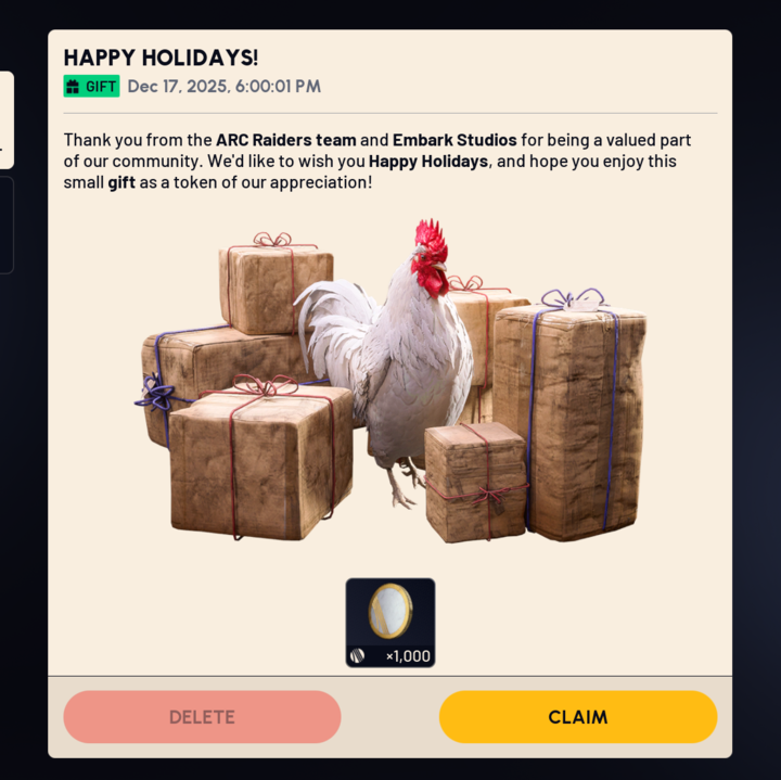 Scrappy the chicken gives players some free currency for Christmas in Arc Raiders.