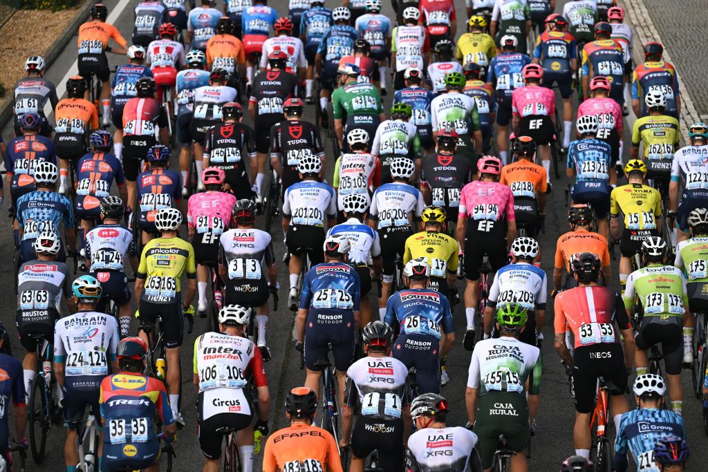 ALBUFEIRA PORTUGAL FEBRUARY 22 A general view of the peloton prior to the 51st Volta ao Algarve em Bicicleta Stage 4 a 1752km stage from Albufeira to Faro on February 22 2025 in Albufeira Portugal Photo by Tim de WaeleGetty Images