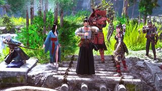 Six fantasy warriors in traditional Japanese-style attire stand on a wooden bridge in a lush, green forest setting, preparing for a potential battle.