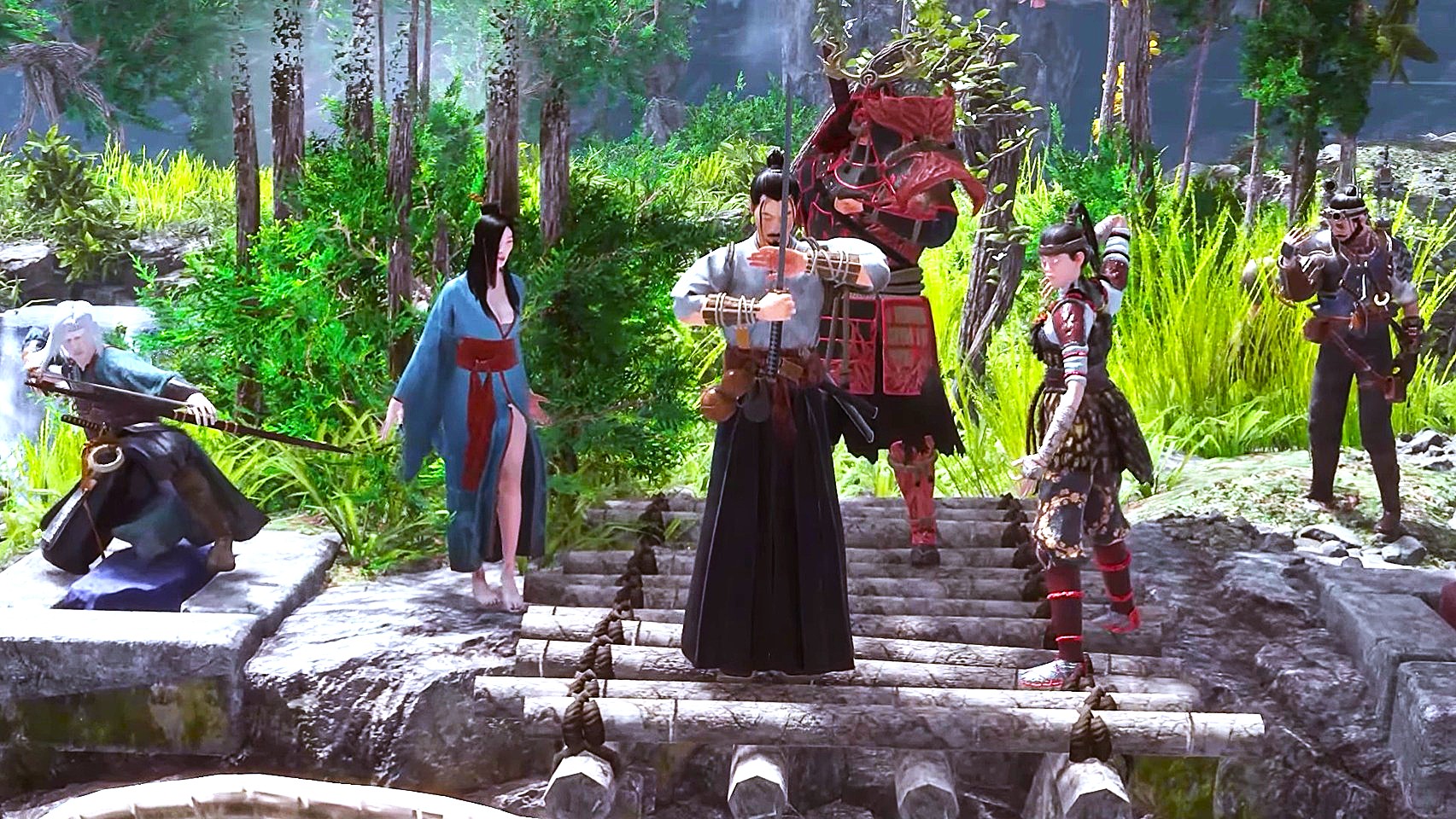 Six fantasy warriors in traditional Japanese-style attire stand on a wooden bridge in a lush, green forest setting, preparing for a potential battle.