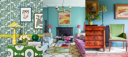What colors go with blue? Yellow, blue and green entryway. Blue and pink living room. Blue painted wall with green chair, artwork, antique furniture