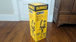 The box that the DeWalt 20V MAX XR DCCS620P1 12 in. Battery Chainsaw arrived in