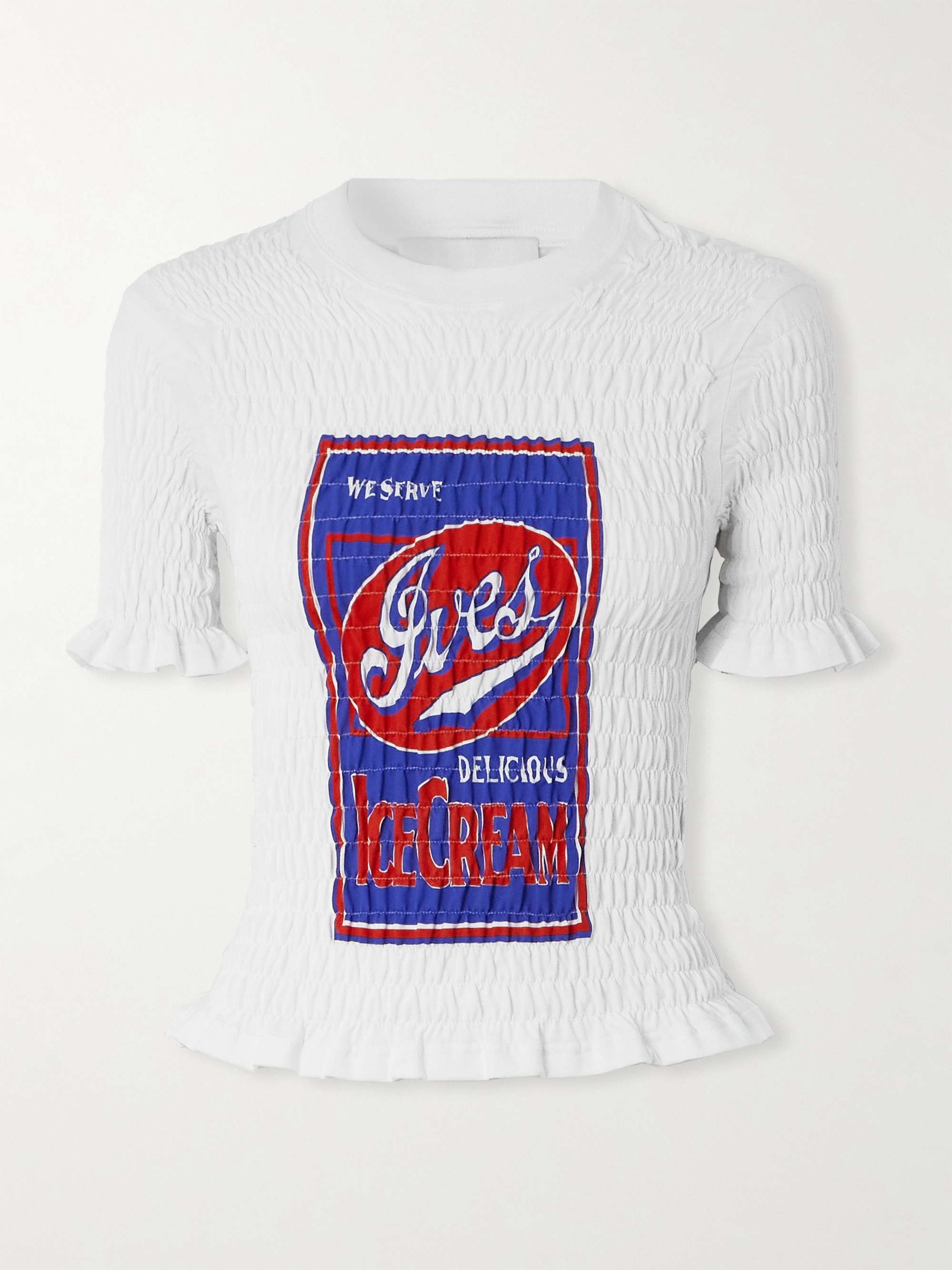 Cropped Shirred Printed Cotton-Poplin T-Shirt