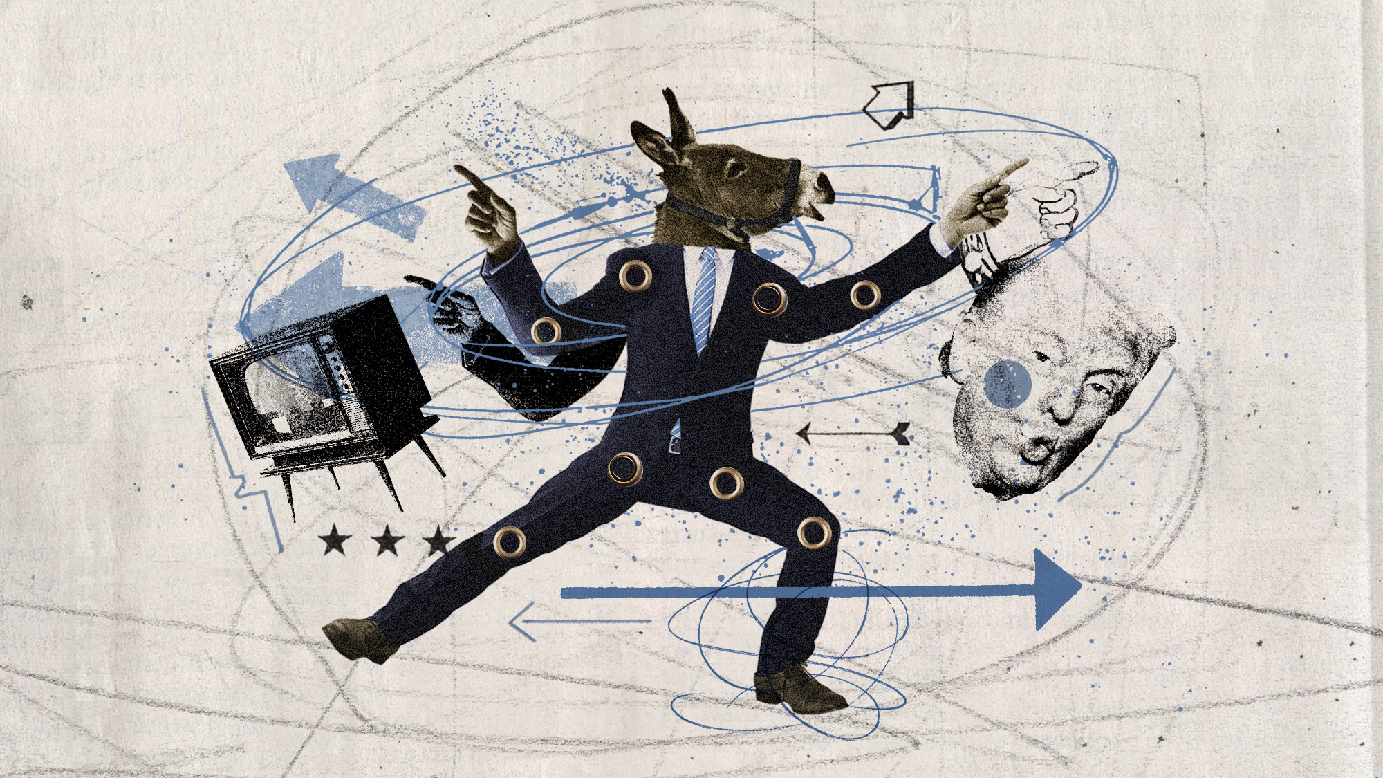 Photo collage of a paper doll in a suit, with a donkey's head, dancing frantically and pointing in all directions. In the background, there are lots of arrows pointing different ways and pencil scribbles