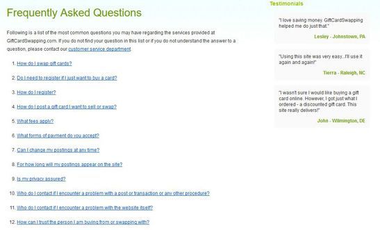 GiftCardSwapping.com image: The service's FAQs page has answers to customers' most common questions.