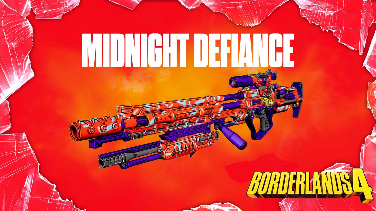 Borderlands 4 Twitch Drops: The Midnight Defiance sniper rifle against a red background, framed by broken glass.
