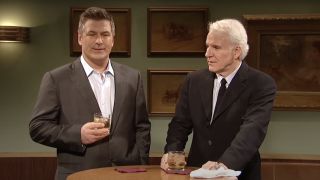 Alec Baldwin and Steve Martin enjoying drinks together on SNL