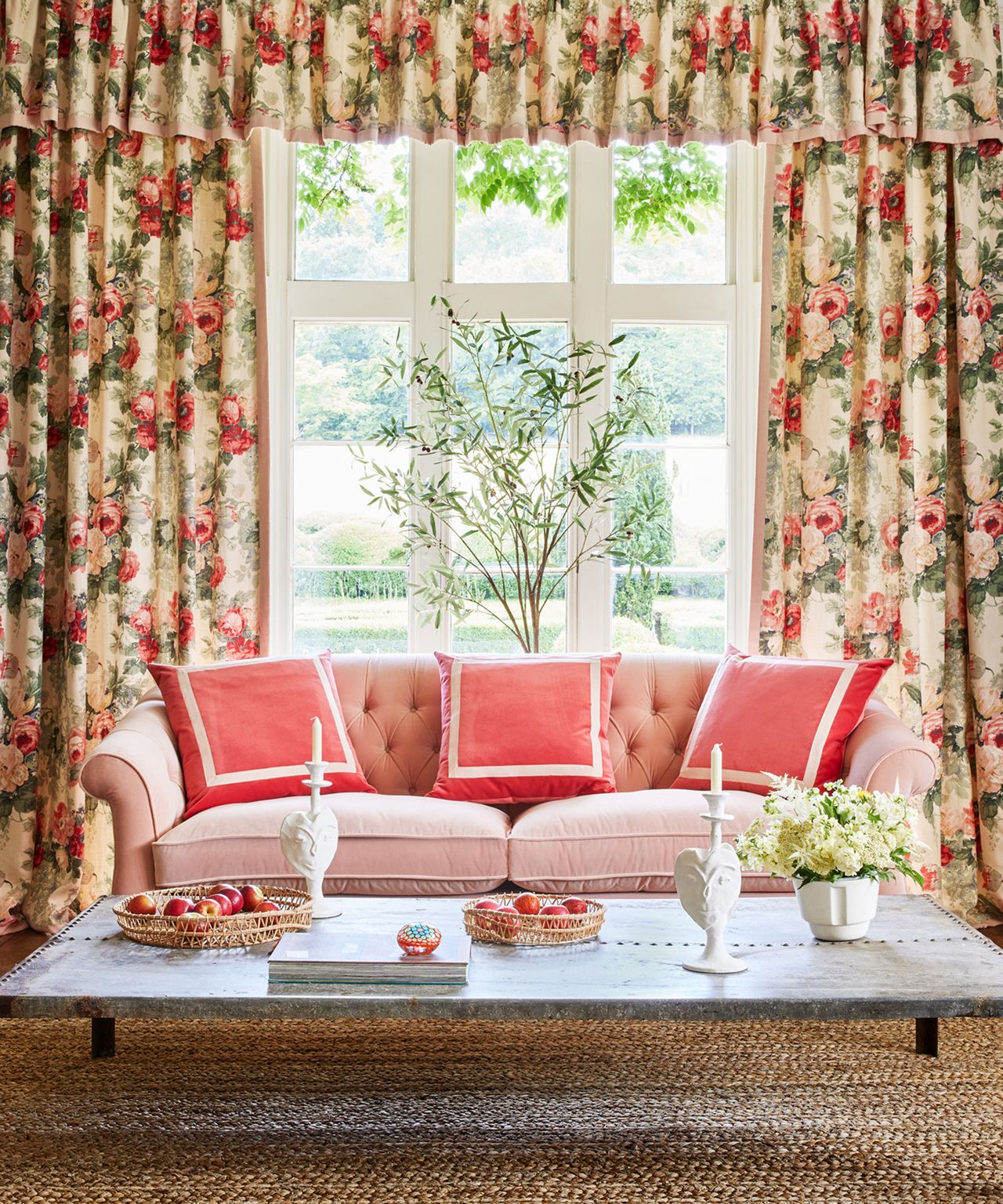 Large window curtain ideas with floral pattern curtains with curtain behind sofa with pink pillows
