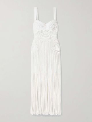 Darby Fringed Appliquéd Tulle Midi Dress