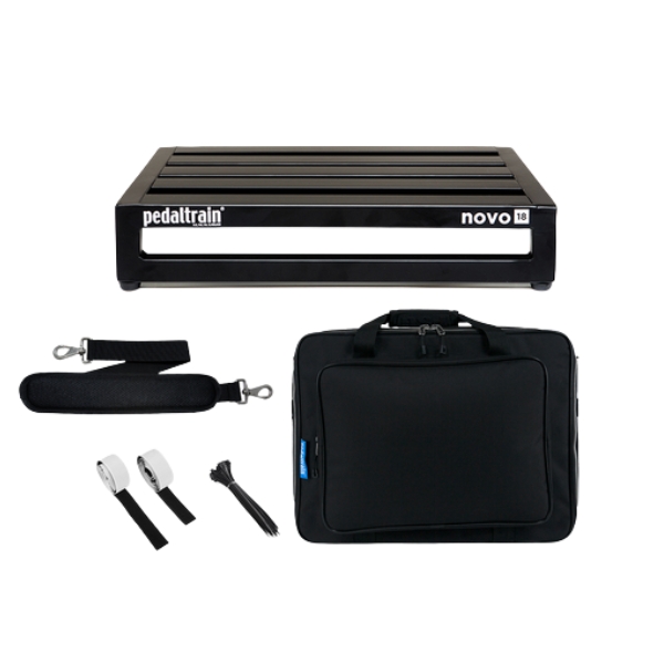 A Pedaltrain Novo 18 pedalboard with soft case and accessories