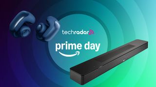 Bose smart soundbar and ultra open earbuds on green and blue background