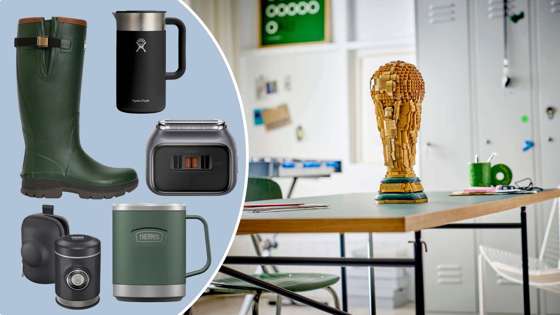 Collage of Father&rsquo;s Day gifts including outdoor gear, coffee makers, grooming tools, experience gifts and food hampers