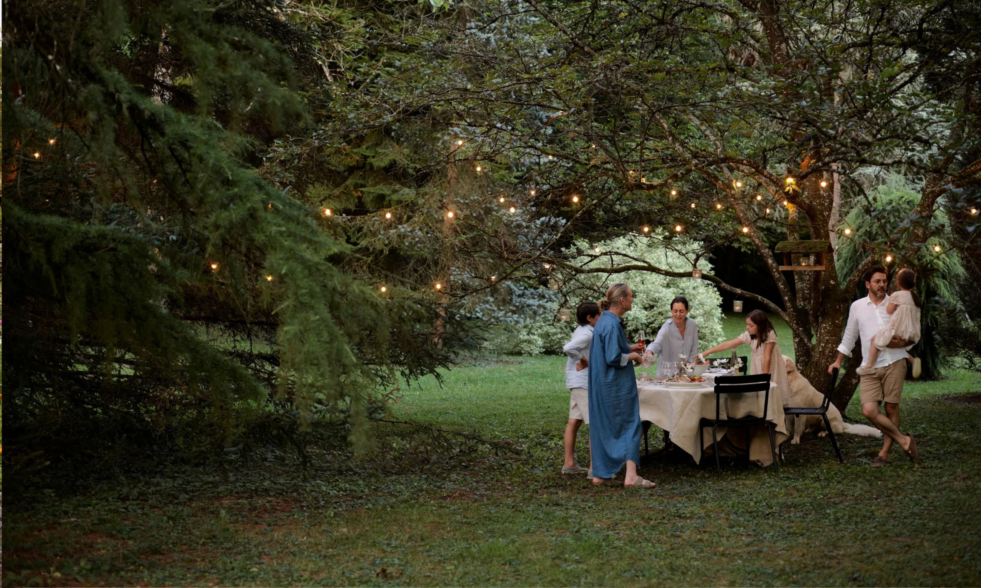 Family standing around a table in a garden surrounded by trees, fairy light strung up in branches