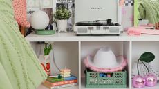 Dormify book storage hero with shelf, plastic crates, cherry disco ball