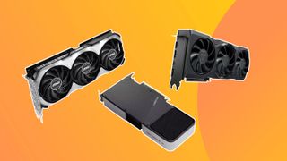 Three of the best graphics cards for gaming from NVIDIA and AMD on an orange background
