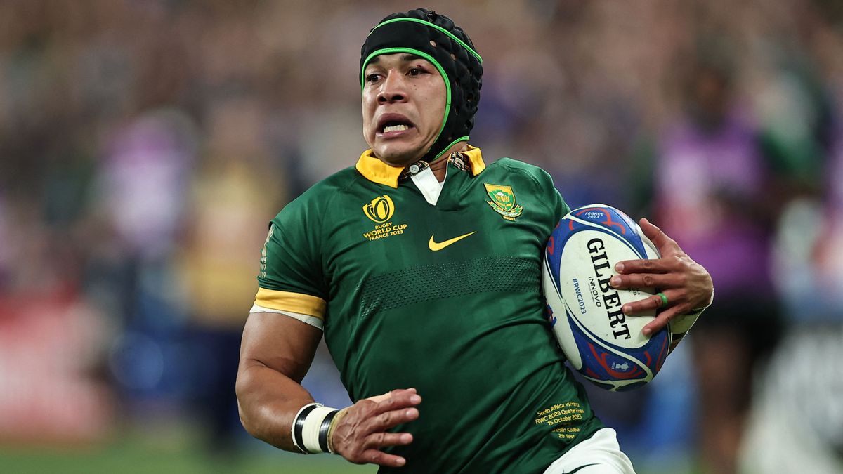 South Africa&#039;s wing Cheslin Kolbe runs in for a try ahead of the Rugby World Cup final – New Zealand vs South Africa at the Stade de France in Saint-Denis, on the outskirts of Paris.