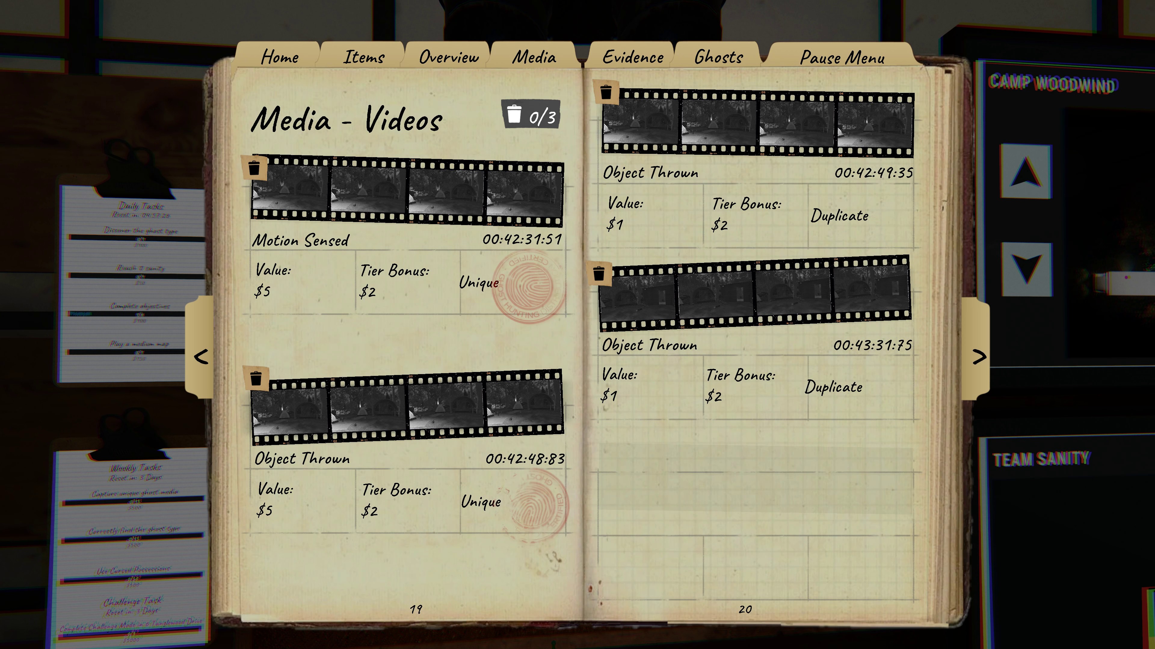 The Phasmophobia Chronicle update new journal, showing the Video media page and types of unique or duplicate evidence.