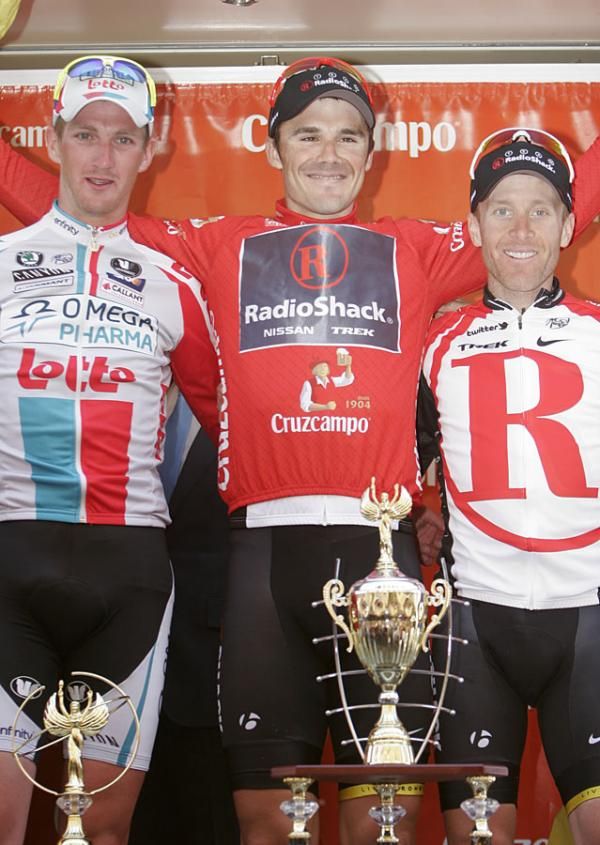 The top three GC finishers at the 2011 Ruta del Sol (l-r): Jurgen Van Den Broeck (Omega Pharma - Lotto), Markel Irizar (RadioShack), Levi Leipheimer (RadioShack).