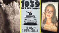 Example of subvertising, also known as billboard hacking or culture jamming showing modified billboard advert parodies of Calvin Klein, Tesla and Meta Glasses