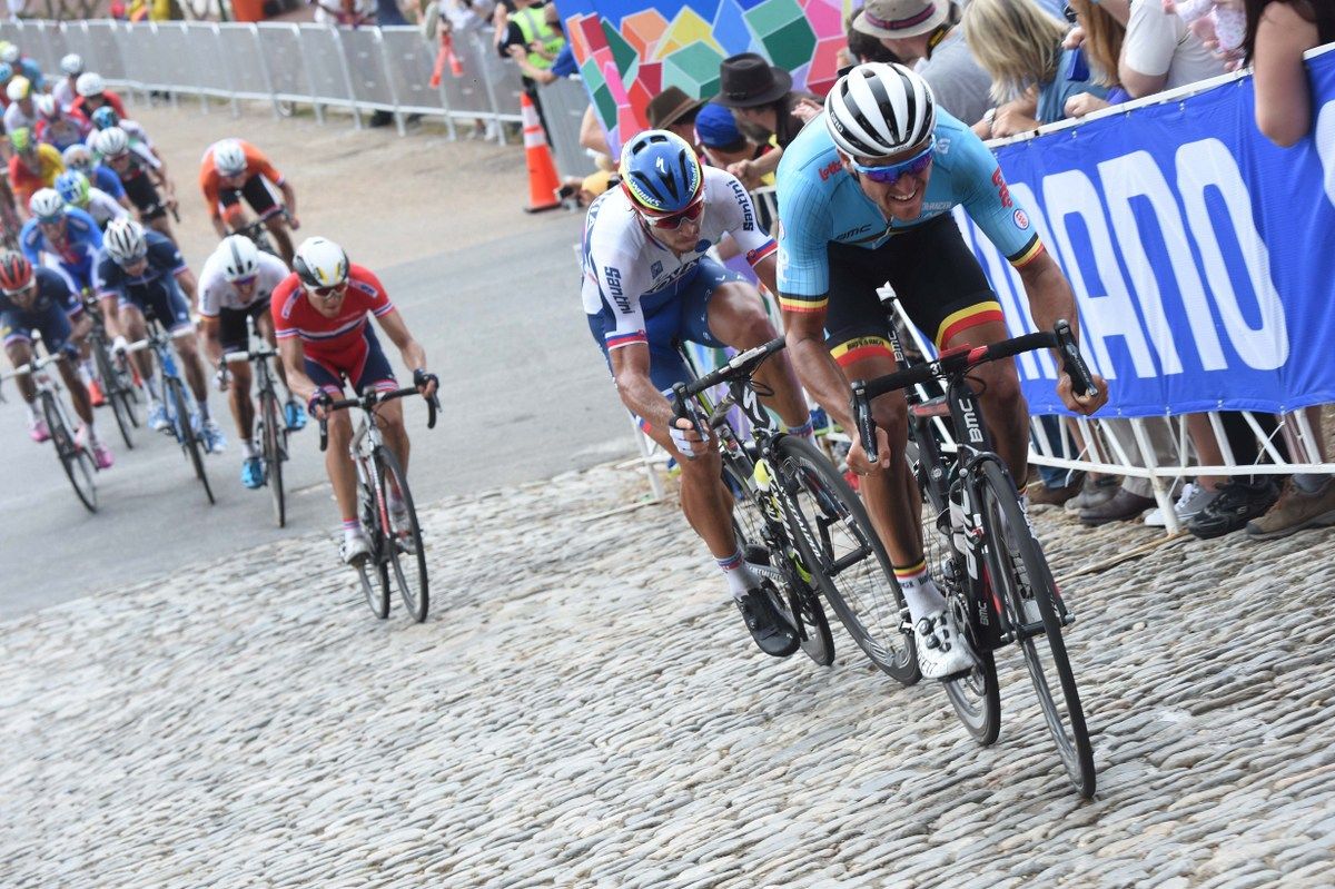 Peter Sagan (Slovakia) about to catch and pass Greg Van Avermaet (Belgium)
