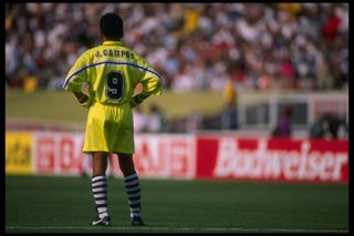 Mexican goalkeeper Jorge Campos wearing the number 9 shirt for LA Galaxy in April 1996.