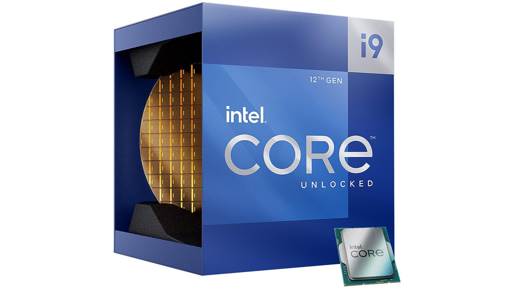 En Intel Core i9-12900K-brikke ligger ved siden av innpakningen