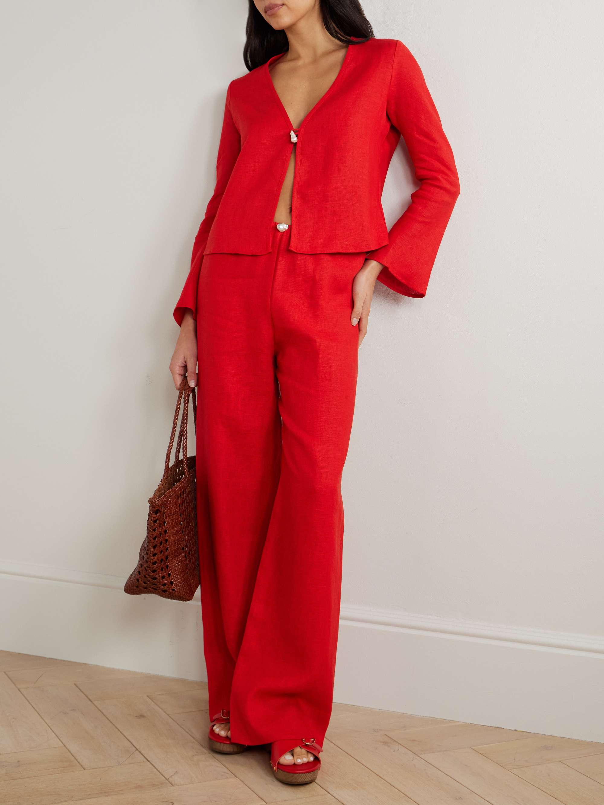 Playa Pearl-Embellished Linen Pants