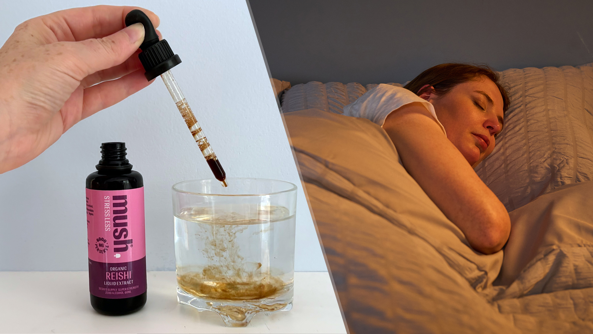 On the left, a close up of a hand using a pipette to drop reishi mushroom extract into a glass of water. On the right, sleep writer Ruth Jones sleeps happily in a comfortable bed at night
