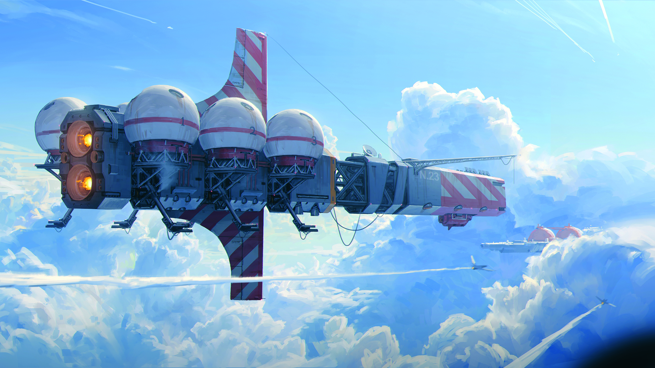 Digital concept art showing a space craft in a blue sky with clouds
