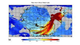 The maximum tsunami wave amplitude (in centimeters) following the asteroid impact that hit Earth 66 million years ago.