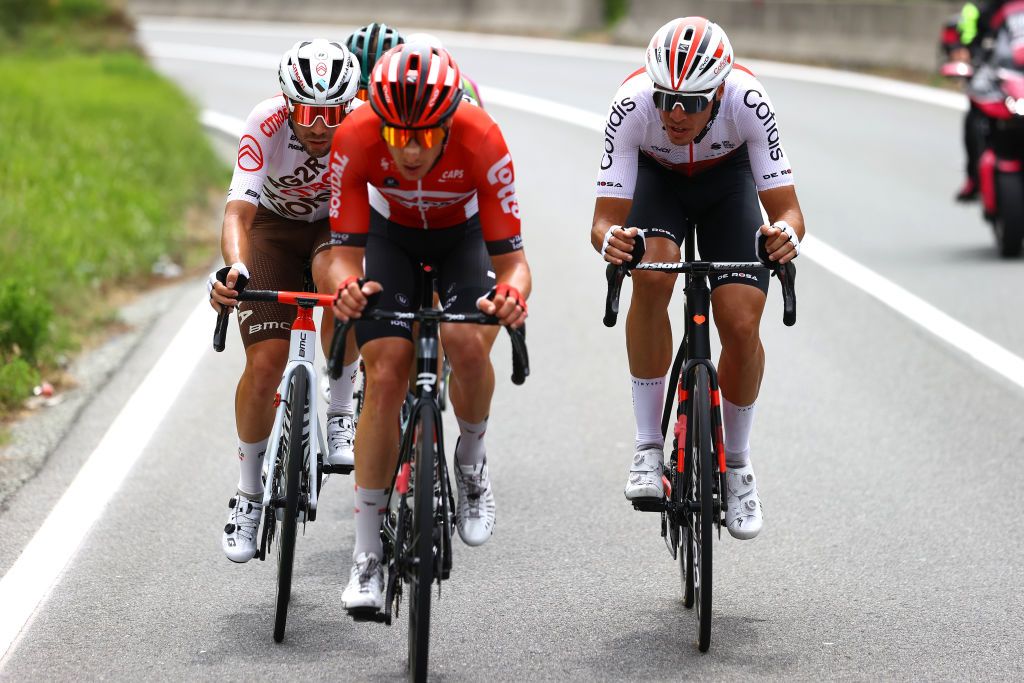 COGNE ITALY MAY 22 LR Andrea Vendrame of Italy and AG2R Citroen Team and Anthony Perez of France and Team Cofidis compete in the breakaway during the 105th Giro dItalia 2022 Stage 15 a 177km stage from Rivarolo Canavese to Cogne 1622m Giro WorldTour on May 22 2022 in Cogne Italy Photo by Michael SteeleGetty Images